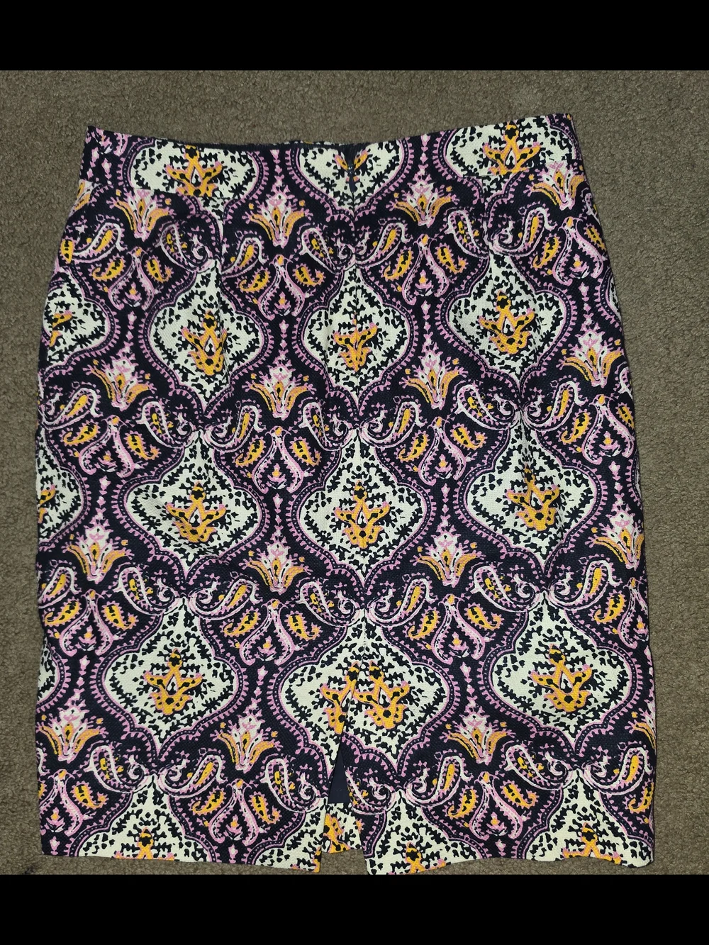 J. Crew Purple Paisley-Style Pattern Pencil Skirt with Pink and Yellow Accents